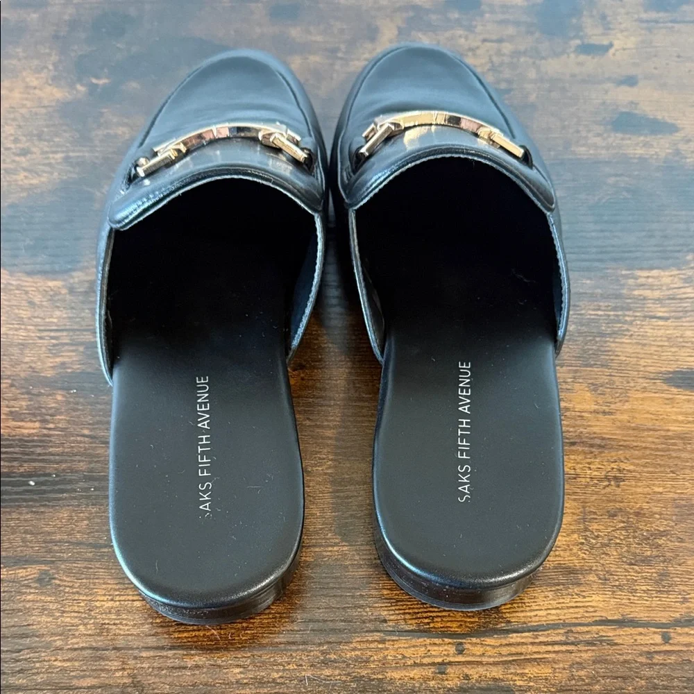 Saks Fifth Avenue Black Leather Slip-On Loafers with Gold Tone Bit - Picture 3 of 6